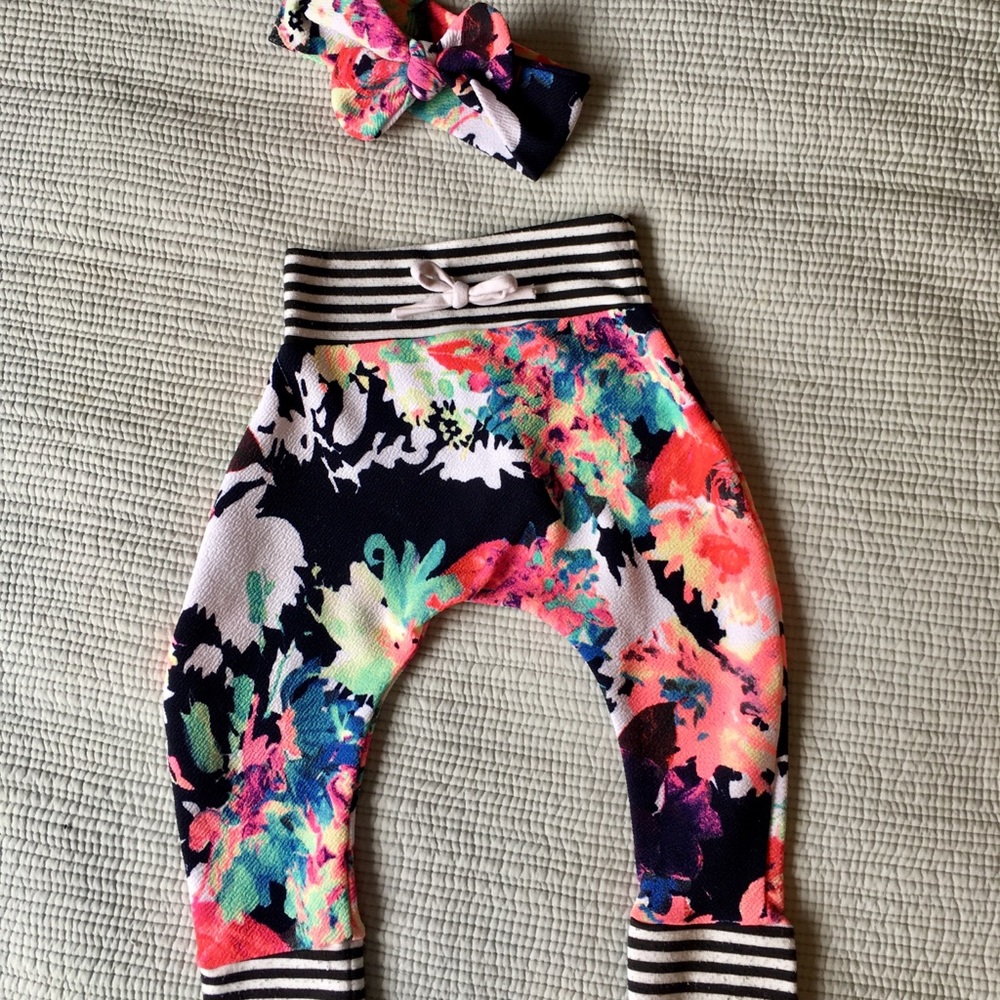 Baby retro floral print headband and pants